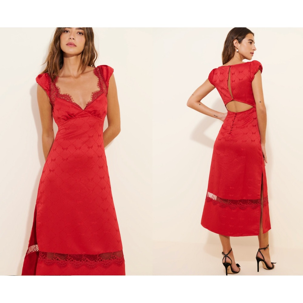 Free People Foolish Heart Midi Dress NWOT Red Jacquard Bow Lace Cutout Back M
